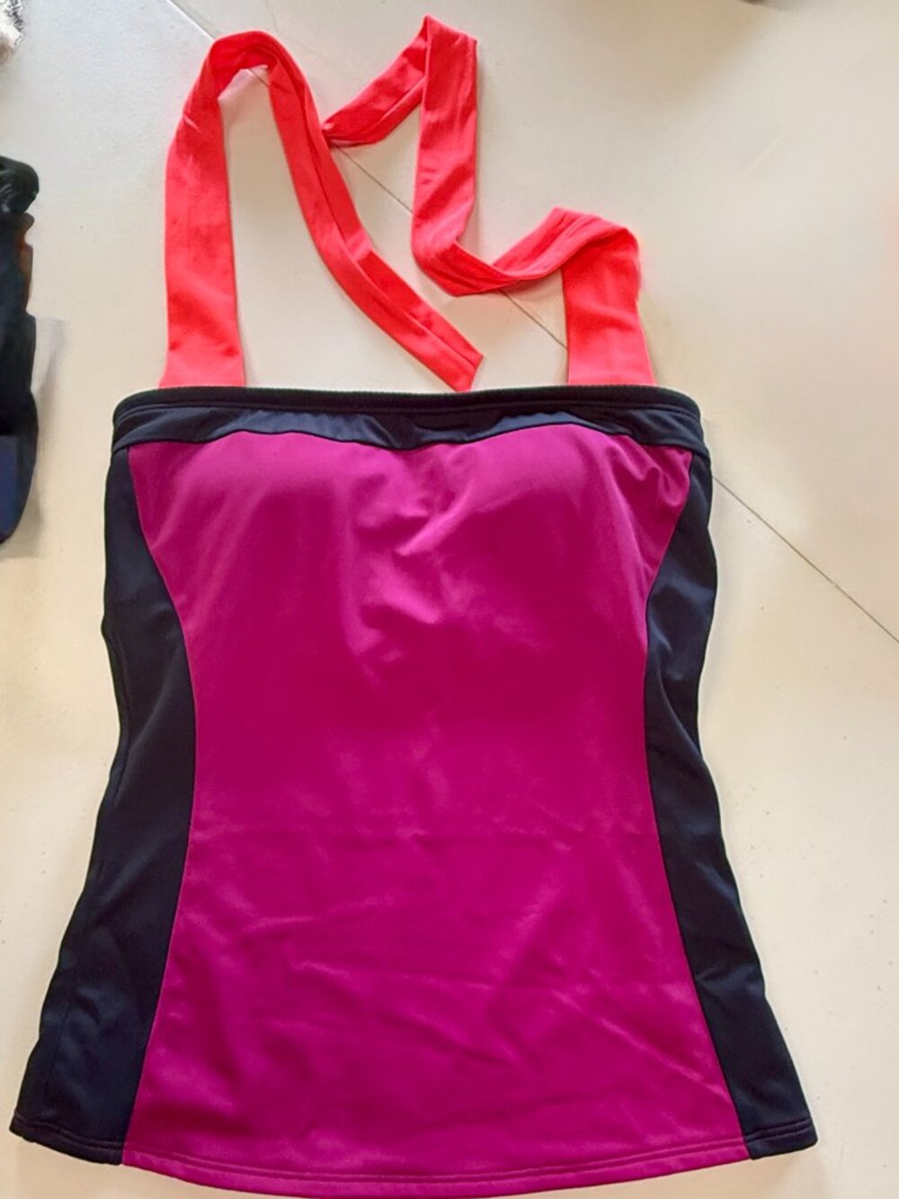 Boden pink/purple and Navy Halter Tankini Top with coral tie - Picture 2 of 3